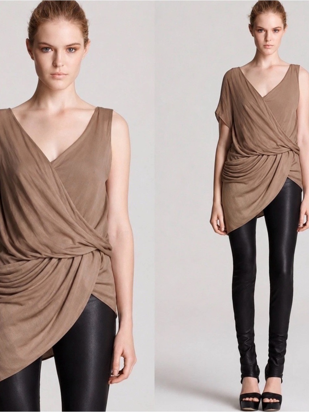 Helmut Lang Taupe Draped V-Neck Sleeveless Tunic